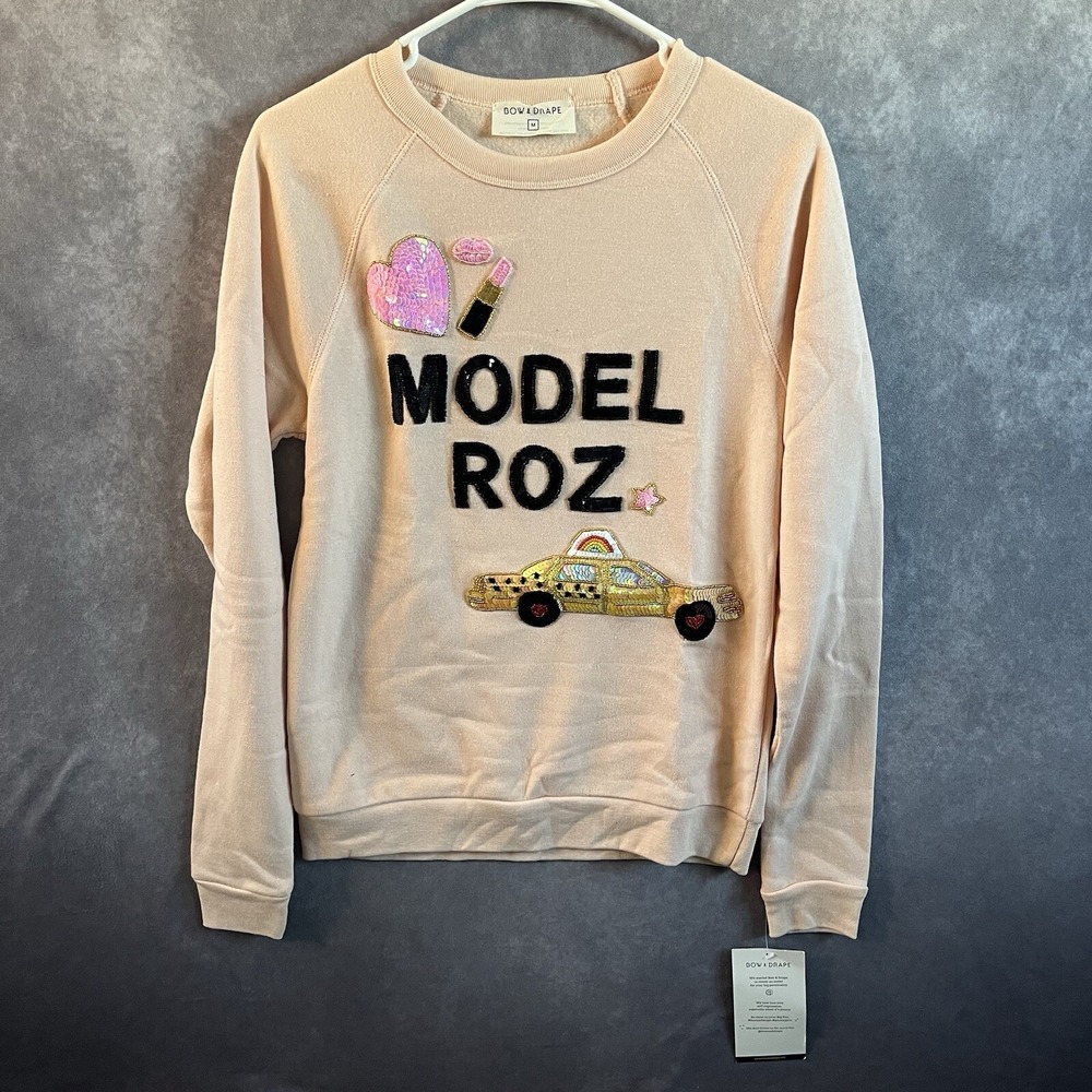 Bow & Drape Sweatshirt Women Medium Peach Pink Model Roz Sequin Taxi Heart NEW